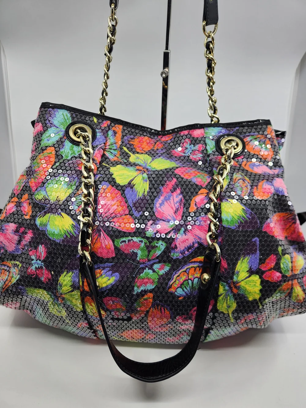 Betsey Johnson Butterfly Sequin Satchel Bag - Black